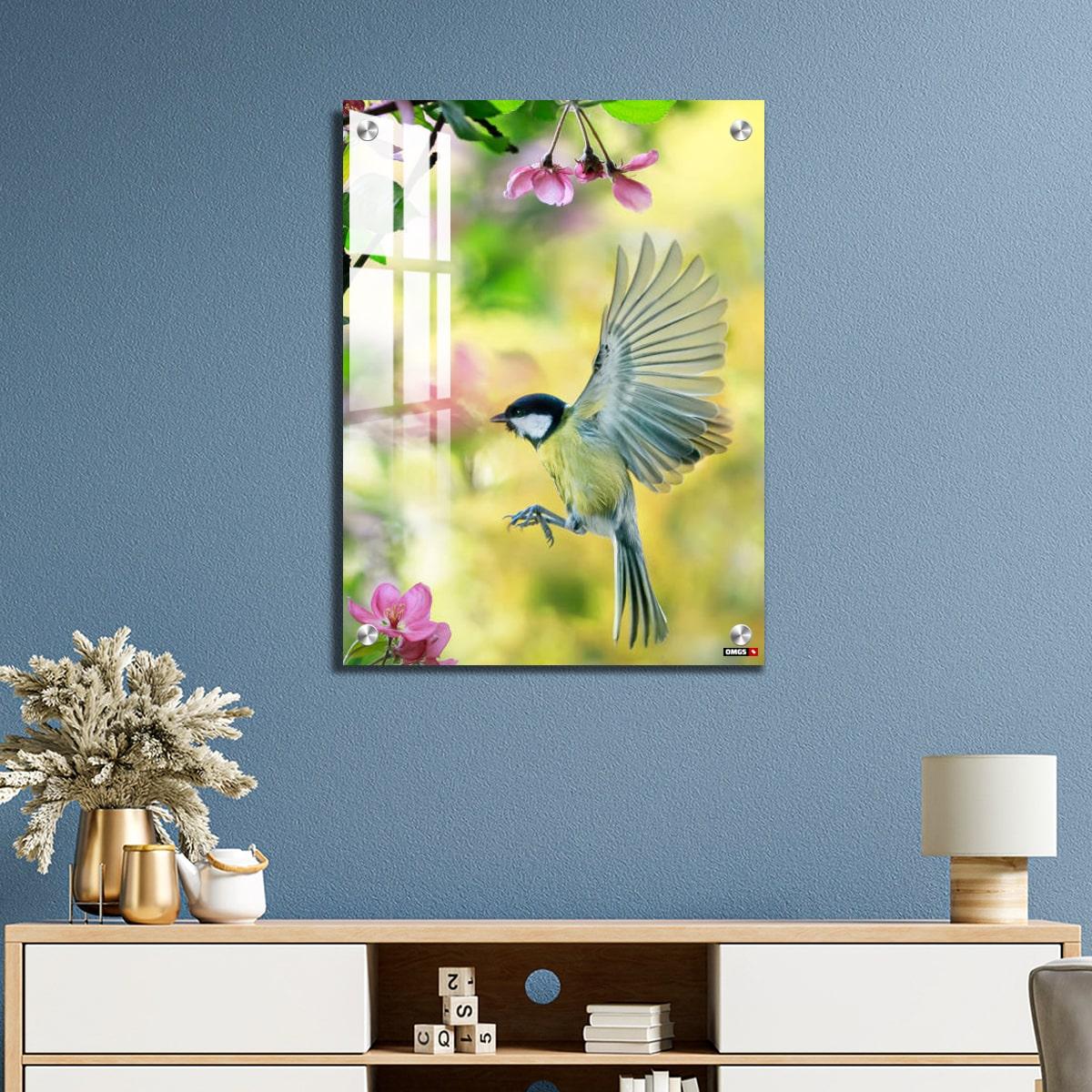 OMGs Acrylic Wall Decor - Bird Tit Flutters in a Sunny Spring Garden Among Pink Apple Blossoms